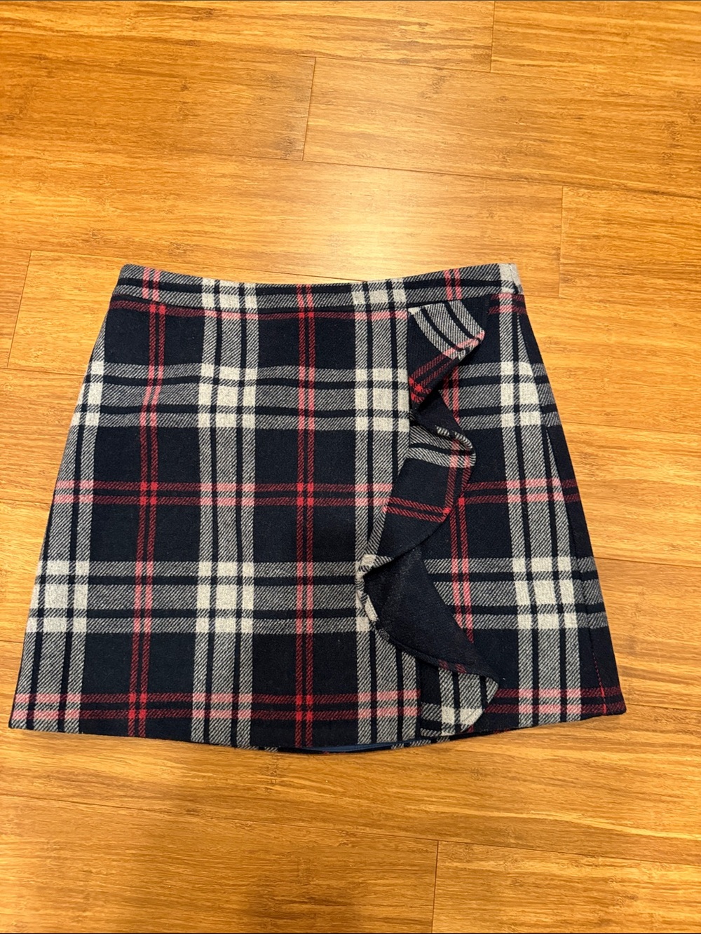 J. Crew Factory Navy, White & Red Plaid Ruffle Mini Skirt